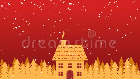 大雪中的金色房子和树木圣诞节背景视频的预览图