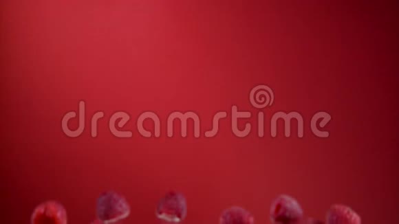 成熟的覆盆子在红色背景下飞翔视频的预览图