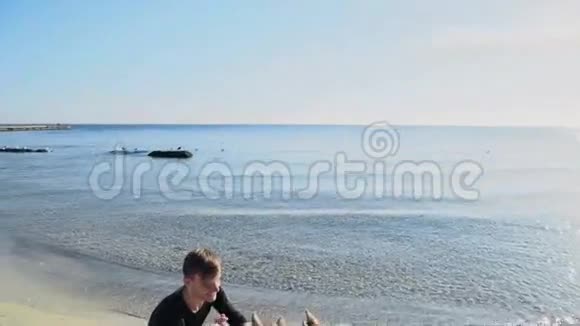 年轻男性两只哈士奇狗在海滩上慢动作视频的预览图
