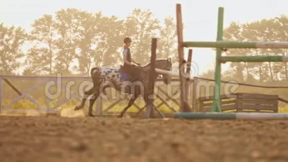 年轻的女骑师在户外骑着马视频的预览图