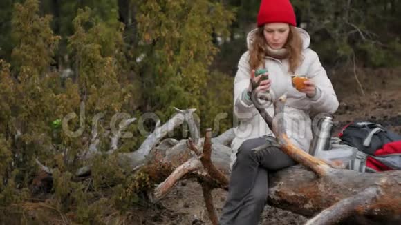 早春一位戴着红帽子的迷人年轻女子背着一个大旅游背包在森林里散步喝酒视频的预览图