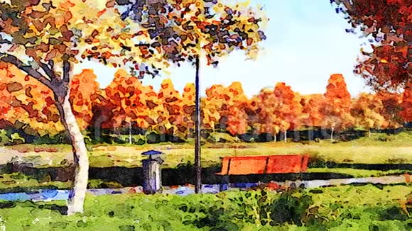 公园里五颜六色的秋树水彩风景视频的预览图