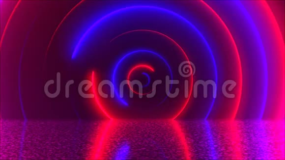 带有反射的抽象圆圈霓虹灯隧道计算机生成背景三维渲染视频的预览图