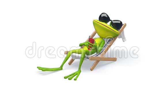 带阿尔法通道的躺椅上青蛙的3D动画视频的预览图