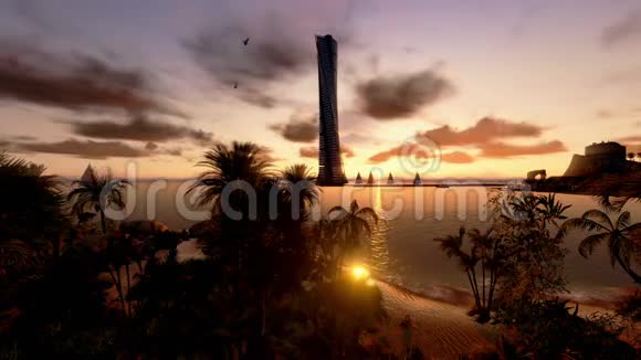 热带岛屿海岸线上的酒店和日落时的游艇视频的预览图