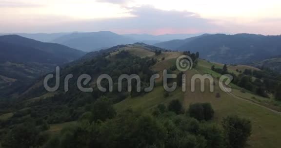 飞越山脉的空中景色乌克兰桑格维尔飞过树木森林谷早上好雾4K视频的预览图
