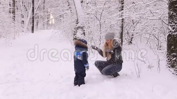 母亲和儿子在冬天的森林里玩雪视频的预览图