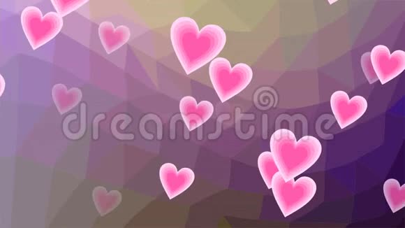 在紫罗兰色的多角果树上飞舞着粉红色的心可爱的动画春天情人节婚礼视频的预览图