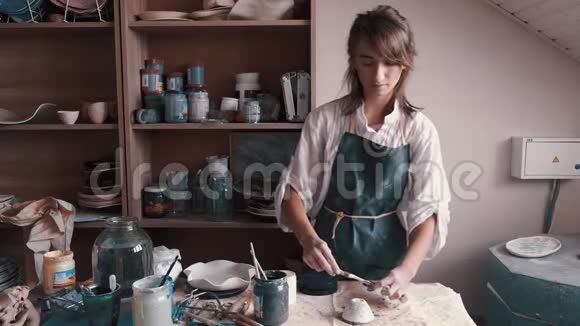 专业的陶工在她在窑里烤过一道菜后装饰和绘画视频的预览图