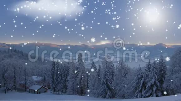 带夜空和日落的冰冻景观雪花落在冬天的风景上视频的预览图