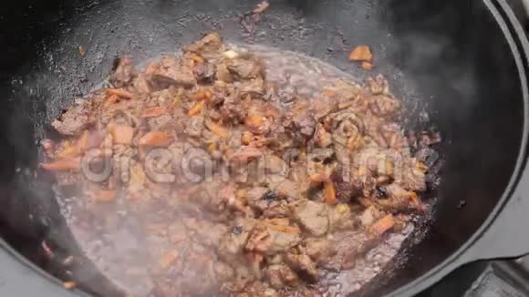 用羊肉胡萝卜和香料在木炉上用锅煮皮屑视频的预览图