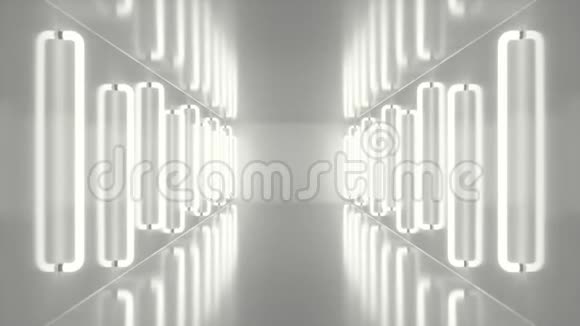 带有霓虹灯的未来主义白色走廊光芒四射未来主义建筑背景3D动动画视频的预览图
