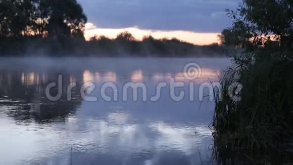 清晨日出在雾蒙蒙的雾中倒影从流动的河水中升起视频的预览图