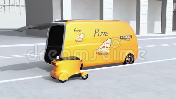 披萨盒从自动驾驶送货车转移到移动送货无人机视频的预览图
