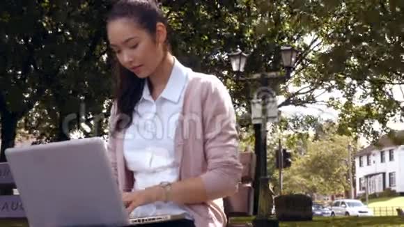 女商人在公园里用笔记本电脑视频的预览图