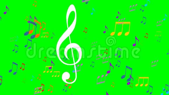 绿色屏幕上彩色音乐动画飞舞的彩色音乐音符白色的高音谱线符号在前景中飘荡视频的预览图