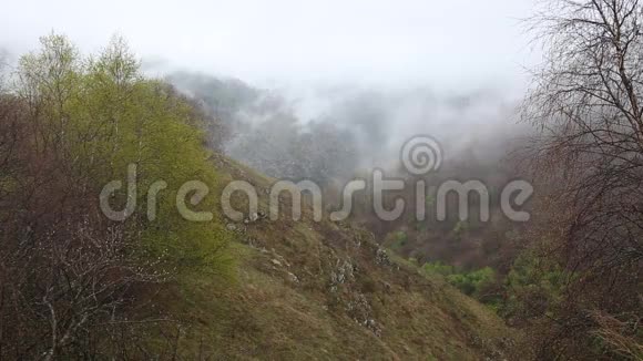 俄罗斯早春浓雾笼罩着中高加索山脉陡峭的山坡视频的预览图