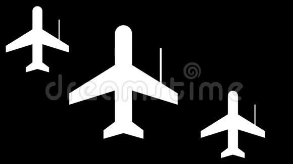 黑色背景上白色条纹同步飞行的飞机形状物体的抽象动画视频的预览图