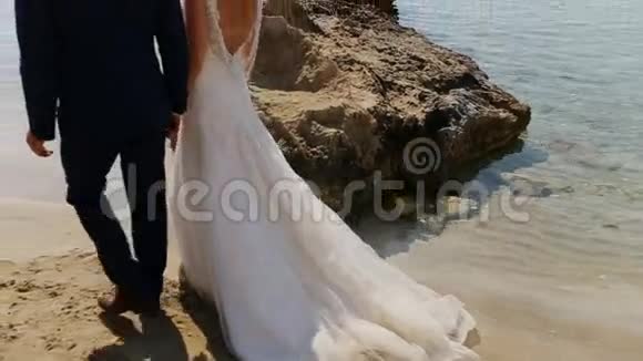 在岸边的一对年轻漂亮的新婚夫妇视频的预览图