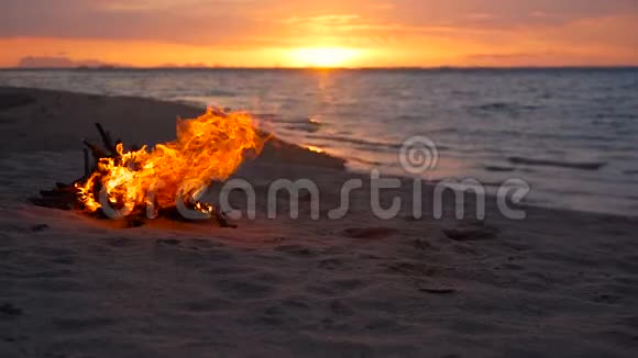夏日的傍晚海滩上熊熊燃烧的篝火本质上的篝火作为背景日落时在白沙海岸烧木头视频的预览图