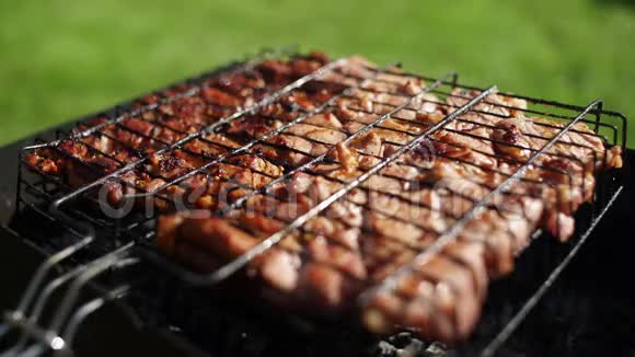 肉是用煤煎的露营美味的烤肉视频的预览图