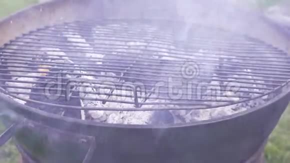 厨师在烤架上翻肉烧烤肉准备在烤架上关闭羊肉或猪肉烧烤视频的预览图
