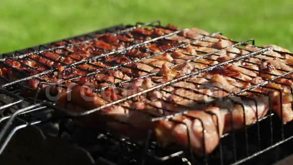 在煤上烤得很香猪肉烤肉烧烤视频的预览图