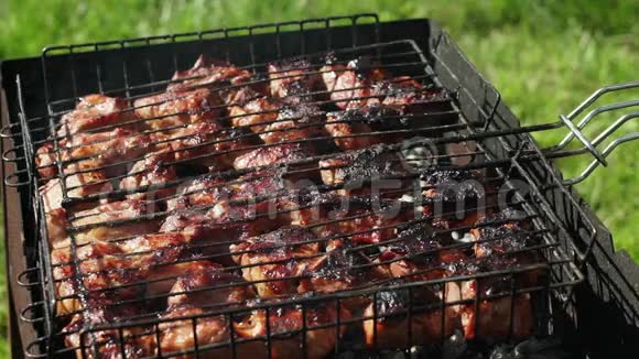 烤架里的煤肉是用煤煎的露营视频的预览图