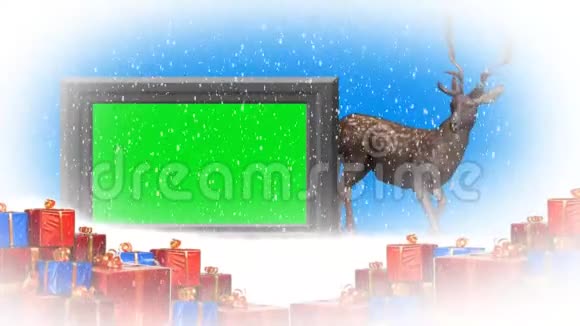 圣诞动画驯鹿画框绿色礼物降雪额外驯鹿到绿色屏幕视频的预览图