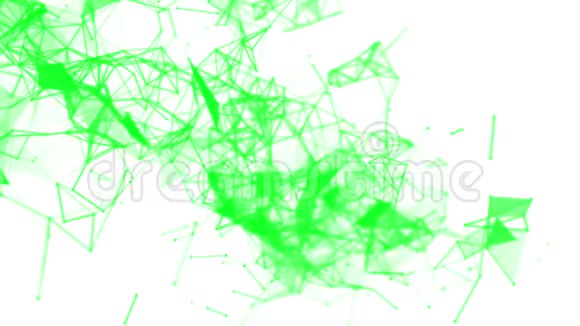 在白色上缓慢飞行的绿色连接粒子3D渲染视频的预览图