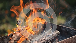 樱桃木的树枝堆在烧烤炉里燃烧着鲜红的火焰视频的预览图