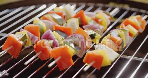 健康的彩色烤肉串与新鲜蔬菜视频的预览图