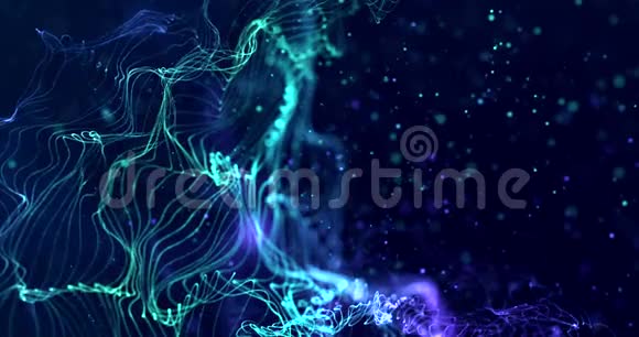 蓝色和绿色的抽象几何神经丛在黑色背景上流动线条和闪光视频的预览图