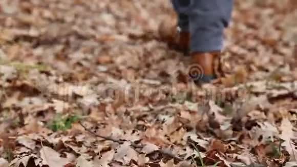 穿着牛仔裤和靴子的女人走在树林里走在干燥的树叶地毯上视频的预览图
