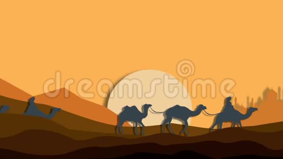 沙漠中的骆驼商队动画视频的预览图