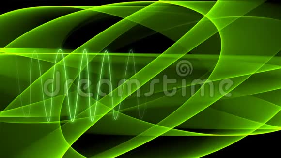 具有移动透明曲线的抽象绿色背景和亮绿色正弦波视频的预览图