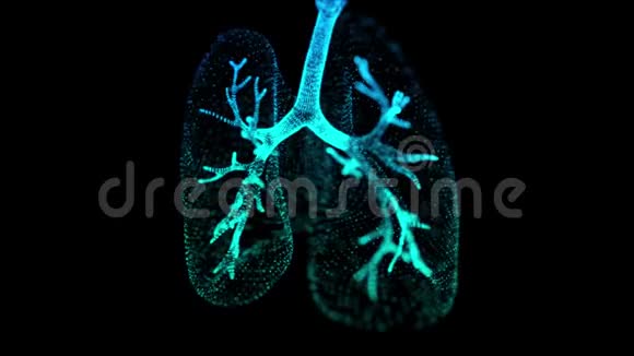 旋转360度人肺全息图发光蓝光粒子点人肺模型无缝循环视频的预览图