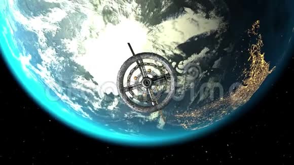 飞向空间站地球和太阳的背景三维动画绿色屏幕地球的纹理是在视频的预览图