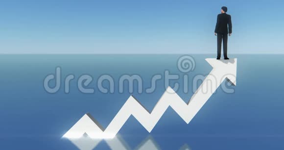4k商人站在3D正趋势箭头的顶部面向大海视频的预览图