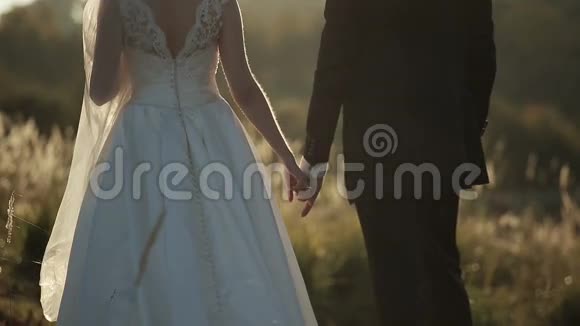 年轻的新娘新郎在日落时分牵手视频的预览图