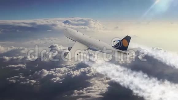 3d动画客机在云层上方的天空中飞行视频的预览图