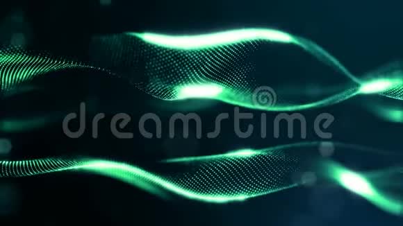 带有辉光粒子的循环科幻动画的三维渲染形成滚动结构暗绿色数码相机的无缝镜头视频的预览图