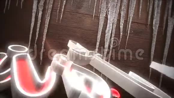 动画特写圣诞快乐文字红球和冰柱在木头背景视频的预览图