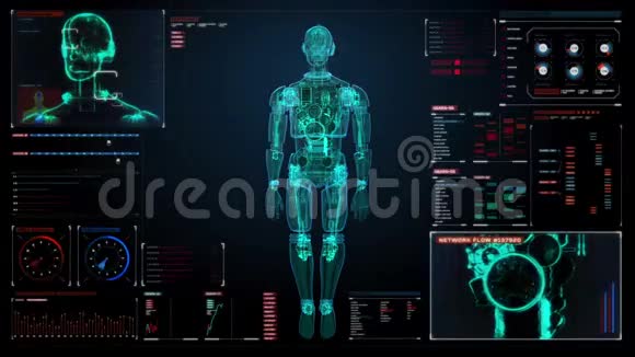 旋转半透明三维机器人本体数字界面中的X射线扫描计算机显示面板视频的预览图