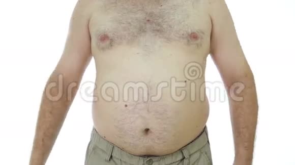 肥胖男子挤压脂肪的胃视频的预览图