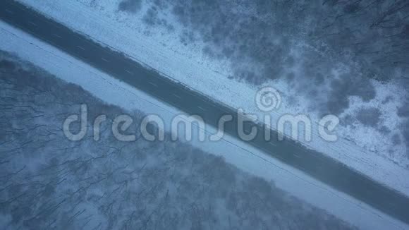 暴风雪中穿过冬季森林的道路上的交通鸟瞰图视频的预览图