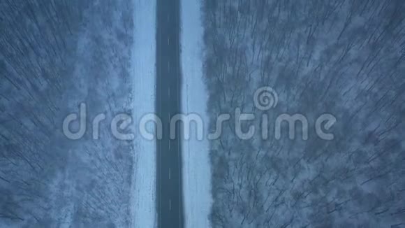 暴风雪中穿过冬季森林的道路上的汽车鸟瞰图视频的预览图