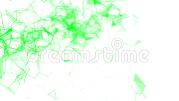 在白色上缓慢飞行的绿色连接粒子3D渲染视频的预览图