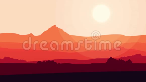 缤纷卡通自然背景带有云和山的美丽的红色日落背景动画视频的预览图