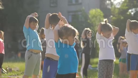 一大群在公园里做瑜伽的孩子坐在草地上视频的预览图